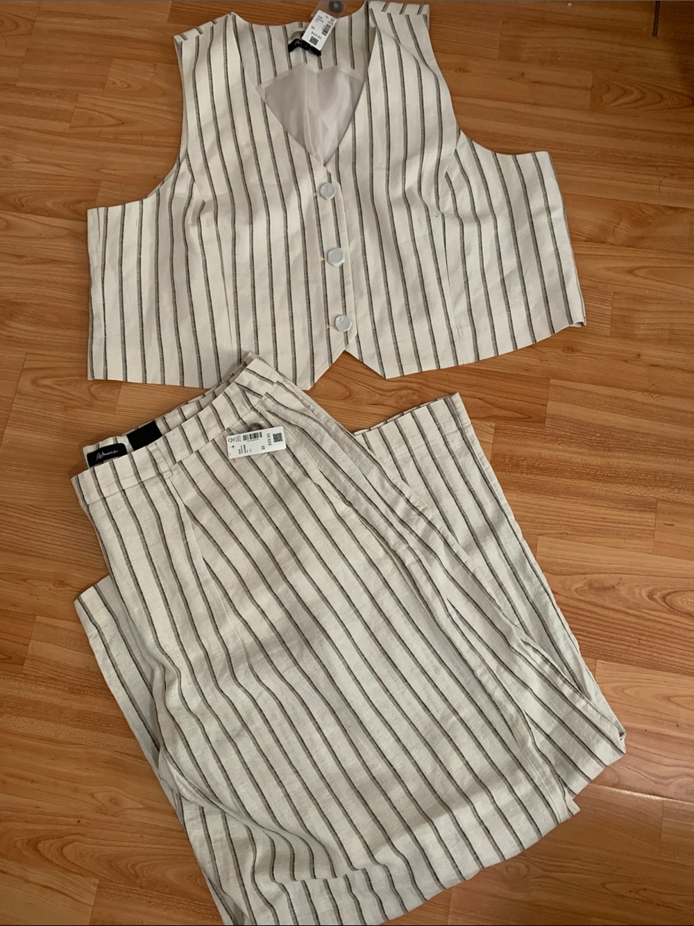 Reitmans Cream and Black Striped Two-Piece Vest & Pant Set